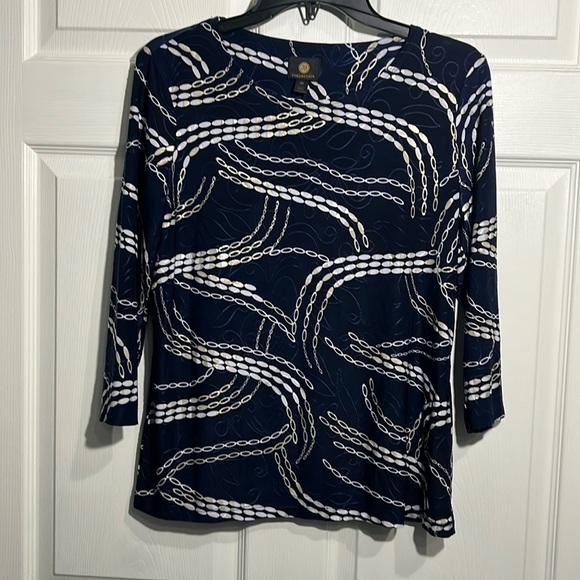 JM Collection Jacquard-Print Metallic Top - Medium petite - Blue, white, Gold - Picture 1 of 5